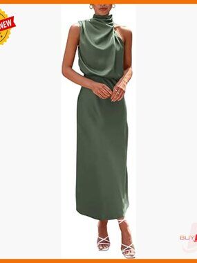 Satin Maxi Dress Sleeveless Mock Neck Cocktail Party Formal Summer
